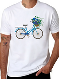 Blue Bicycle & Flowers Black Graphic T-Shirt