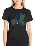 Blue Bicycle & Flowers Black Graphic T-Shirt