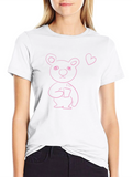 Cute Pink Bear Graphic Black T-Shirt