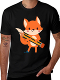 Cute Cartoon Fox with Pencil Black T-Shirt