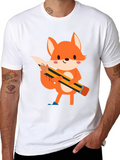 Cute Cartoon Fox with Pencil Black T-Shirt