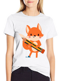 Cute Cartoon Fox with Pencil Black T-Shirt