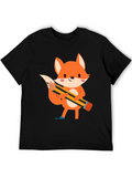 Cute Cartoon Fox with Pencil Black T-Shirt