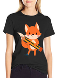 Cute Cartoon Fox with Pencil Black T-Shirt