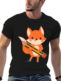 Cute Cartoon Fox with Pencil Black T-Shirt