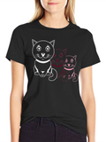 Cute Cat Trio Graphic Tee - Black Cotton T-Shirt