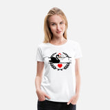 Black and white swan in laurel wreath with hearts