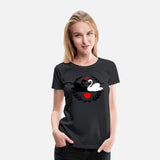 Black and white swan in laurel wreath with hearts