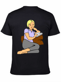 Woman Reading T-Shirt: Cartoon Graphic Tee