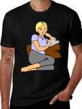 Woman Reading T-Shirt: Cartoon Graphic Tee