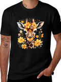 Floral Giraffe Print Black T-Shirt