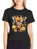 Floral Giraffe Print Black T-Shirt