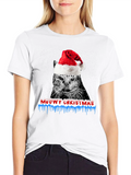 Meowy Christmas Cat Santa Hat T-Shirt