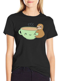 Sloth Hugging Coffee Cup Graphic T-Shirt
