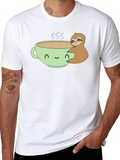 Sloth Hugging Coffee Cup Graphic T-Shirt