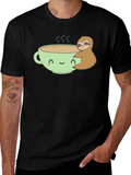 Sloth Hugging Coffee Cup Graphic T-Shirt