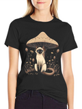 Mushroom Cat Graphic Tee - Black Cotton T-Shirt