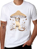Mushroom Cat Graphic Tee - Black Cotton T-Shirt