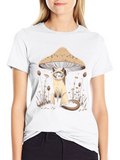 Mushroom Cat Graphic Tee - Black Cotton T-Shirt