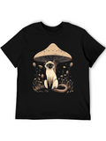 Mushroom Cat Graphic Tee - Black Cotton T-Shirt