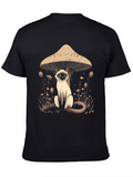 Mushroom Cat Graphic Tee - Black Cotton T-Shirt