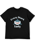 Crazy Shark Lady Graphic Tee - Black Cotton T-Shirt
