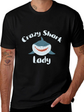 Crazy Shark Lady Graphic Tee - Black Cotton T-Shirt