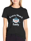 Crazy Shark Lady Graphic Tee - Black Cotton T-Shirt