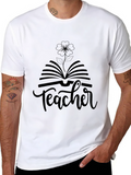Teacher Book and Flower Graphic Tee - Black