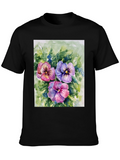 Floral Pansy Print Black T-Shirt