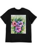 Floral Pansy Print Black T-Shirt