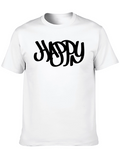 Mens Black Graphic Happy Crew Neck T-Shirt