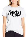Mens Black Graphic Happy Crew Neck T-Shirt