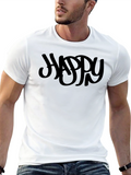Mens Black Graphic Happy Crew Neck T-Shirt