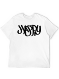 Mens Black Graphic Happy Crew Neck T-Shirt
