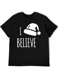 I Believe Santa Hat T-Shirt Black Cotton