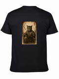 Samurai Cat Graphic Tee - Black Cotton T-Shirt