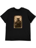 Samurai Cat Graphic Tee - Black Cotton T-Shirt