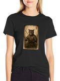 Samurai Cat Graphic Tee - Black Cotton T-Shirt