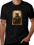 Samurai Cat Graphic Tee - Black Cotton T-Shirt