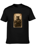 Samurai Cat Graphic Tee - Black Cotton T-Shirt