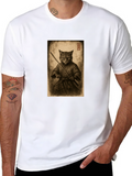 Samurai Cat Graphic Tee - Black Cotton T-Shirt