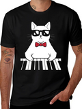 Cool Cat Pianist Graphic Tee - Black